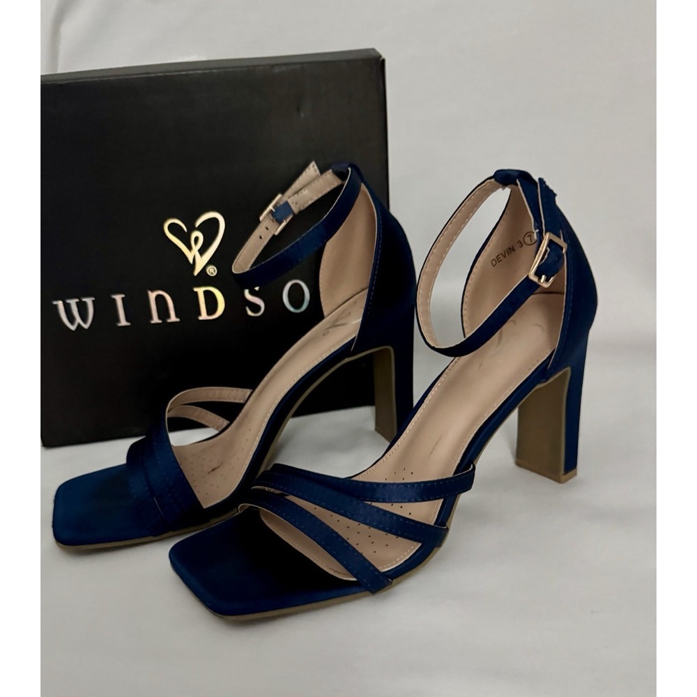 Women's Navy Blue Heel 7 Ankle Strap Open Toe Square Wedding Party  Sandal Heels